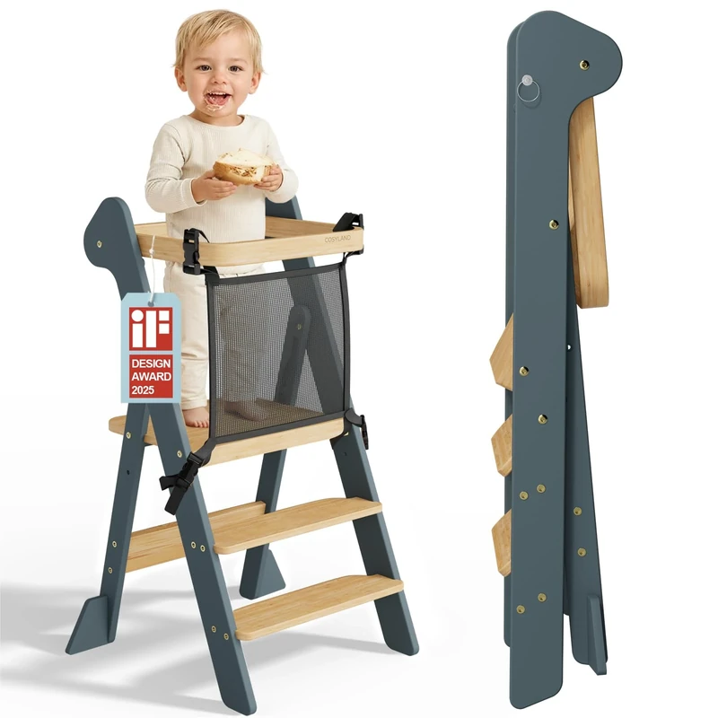 COSYLAND Foldable Toddler Standing Tower With Safety Net, IF Design Awarded – Height Adjustable Kitchen Step Stool for Kids - Toddler Learning Helper Stool With Support Blocks (Dark Grey & Natural)