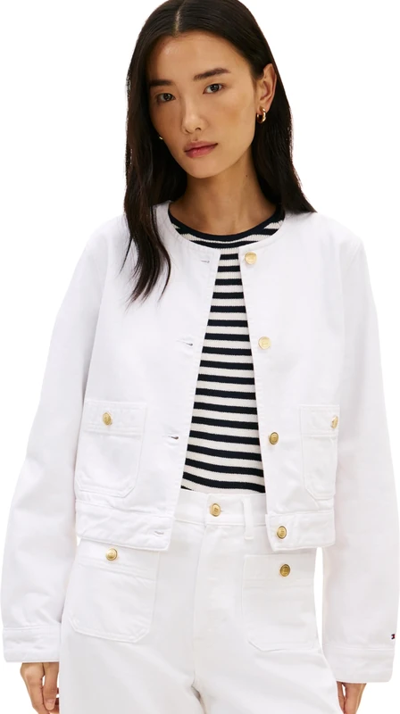 Tommy Hilfiger Women’s Denim Jacket Lady Jacket Collarless, White (Th Optic White), 14