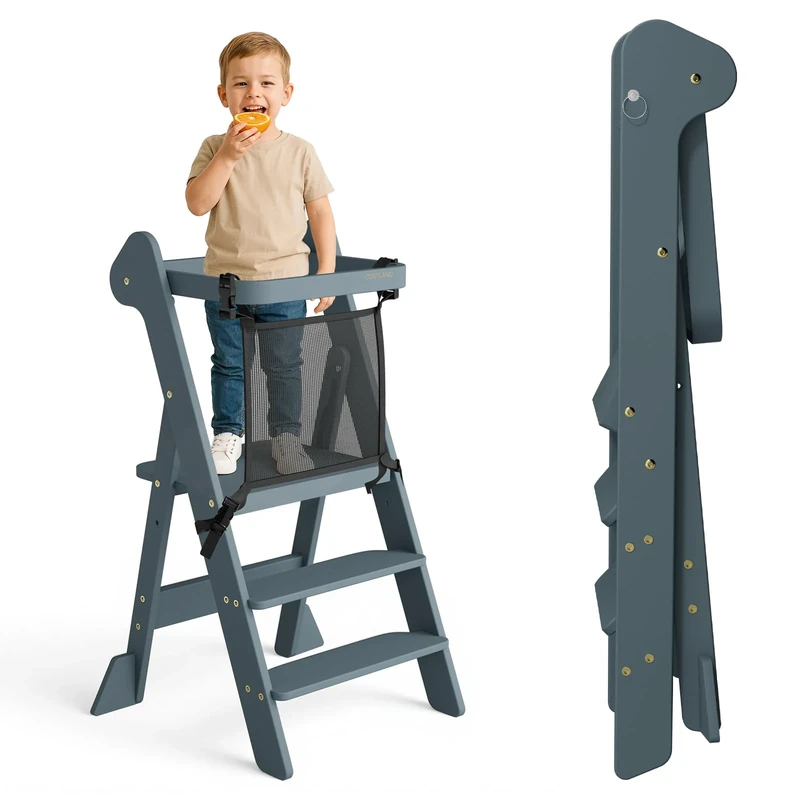 COSYLAND Foldable Toddler Step Stool for Kitchen - IF Design Awarded Space Saving Toddler Standing Tower with Protective Net - Height Adjustable Kids Kitchen Stool Helper (Dark Grey & Natural)