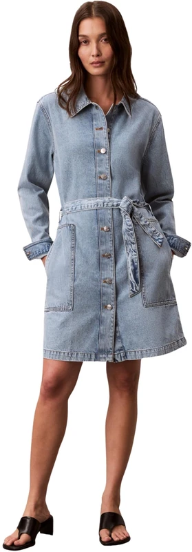 Calvin Klein Women's Belted Denim Mini Dress Coastal LV047F671G Dresses, Blue, XXS