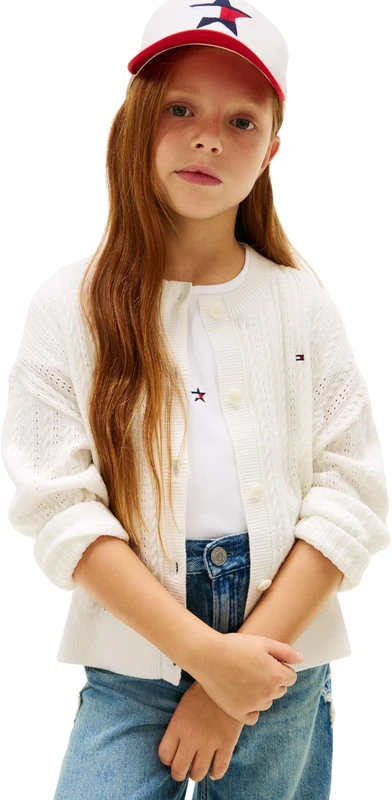 Tommy Hilfiger Girl's Pointelle Cable Cardigan KG0KG09378 Sweaters, White (Ivory Silk), 12 Years