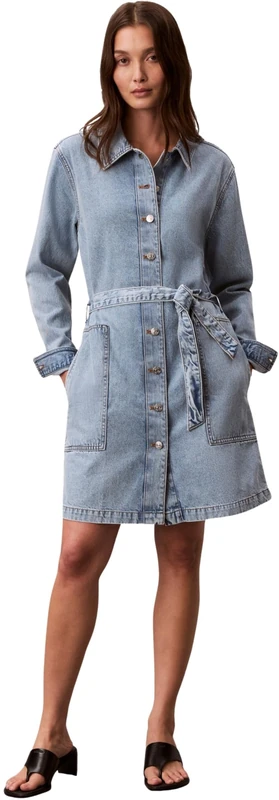Calvin Klein Women's Denim Dress Mini with Belt, Blue (Coastal Light), 2XL