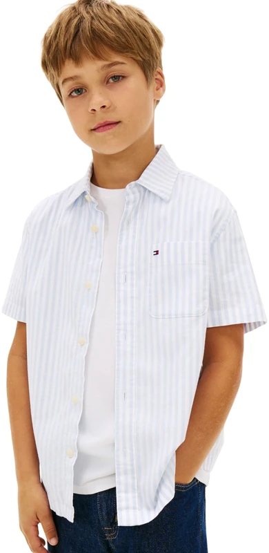 Tommy Hilfiger Boys’ Shirt Flex Ithaca Stripe Short Sleeve, Multicolor (Sweet Blue Stripe), 16 Years