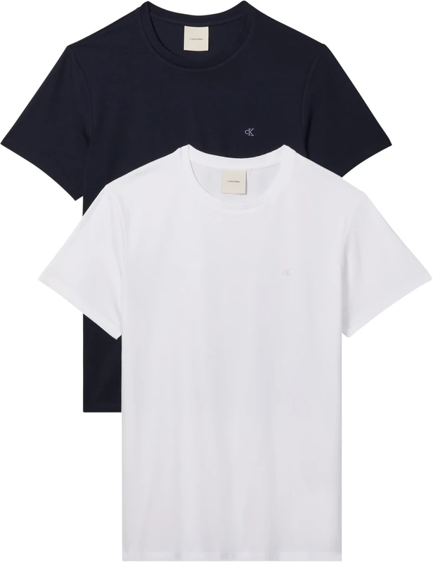 Calvin Klein Men’s T-Shirts Short Sleeve Stretch Cotton Slim with Round Neckline, Multicolor (Bright White/Dark Sapphire), L