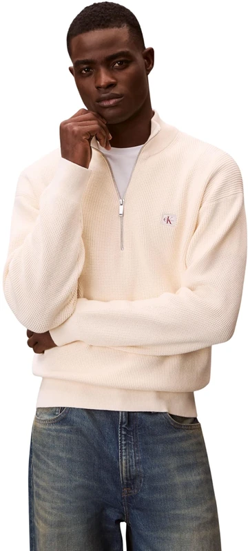 Calvin Klein Men's Ls Ez Cotton Waffle Quarter Zip LV04RE308G Sweaters, White, XXS