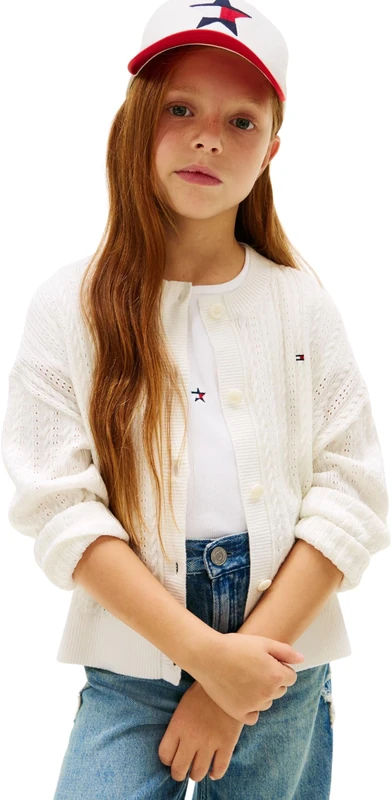 Tommy Hilfiger Girl's Pointelle Cable Cardigan KG0KG09378 Sweaters, White (Ivory Silk), 16 Years