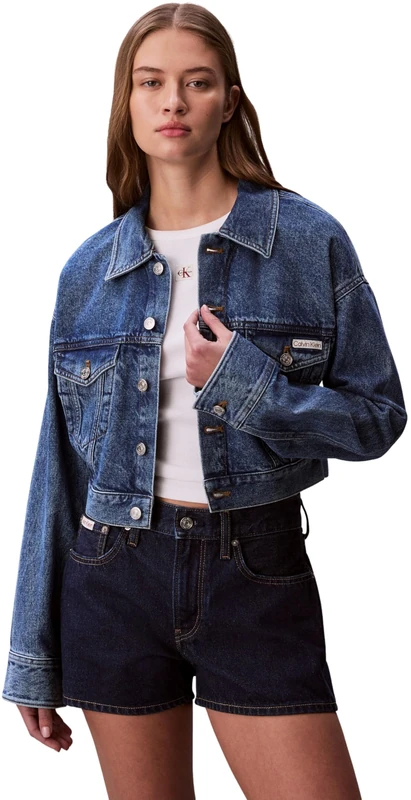 Calvin Klein Women's Denim Cropped Trucker Blue Carol LV047F681G Jackets, BLUE, XXS