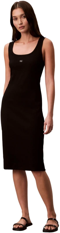 Calvin Klein Women's Sl Baby Rib Woven Label Square N LV047F257G Dresses, Black, S