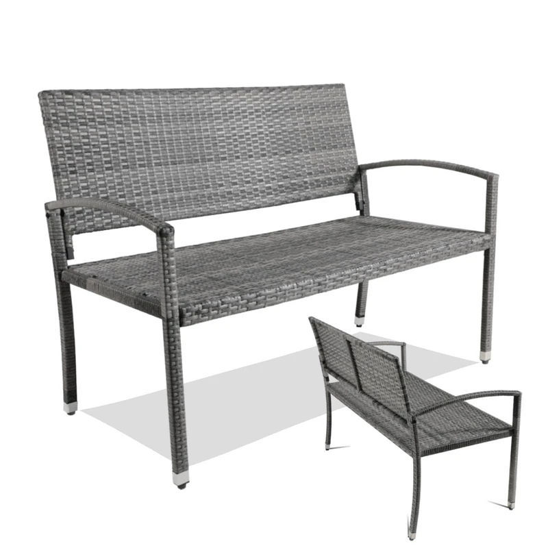 Clevich Rattan Garden Bench, 2 Seater Wicker Patio Bench with Curved Backrest Armrests, Adjustable Feet, Weatherproof PE, 320kg Capacity for Indoor/Outdoor/Balcony/Terrace, Single-Sided Rattan, Grey