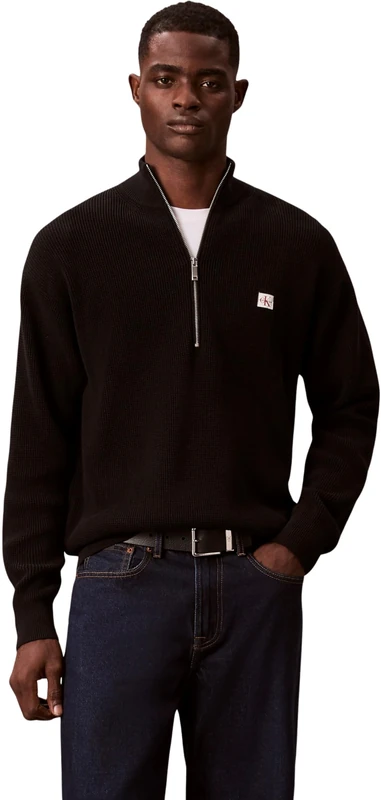 Calvin Klein Men's Ls Ez Cotton Waffle Quarter Zip LV04RE308G Sweaters, Black, L