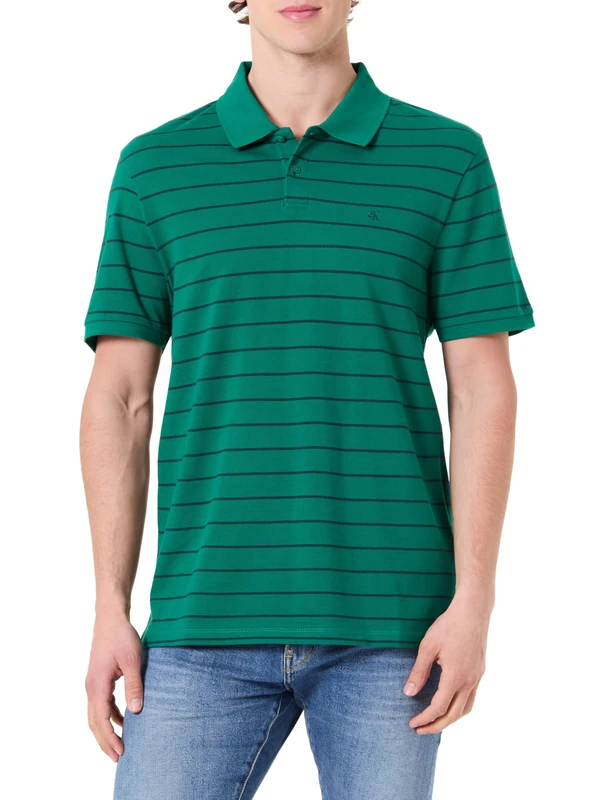 Calvin Klein Men's Ss Striped Pique Monogram Polo LV04RF216G Polos, Green, M