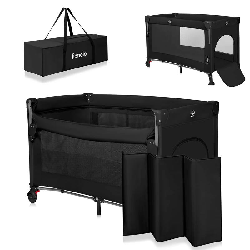 Lionelo Ellen 3-in-1 Travel Cot with 2 Height Levels | Co-Sleeper – Drop-Side Bedside Crib | Playpen - Zipped Side Entrance, Wheels with Brakes, Carry Bag & Mattress – from Birth to 36 Months