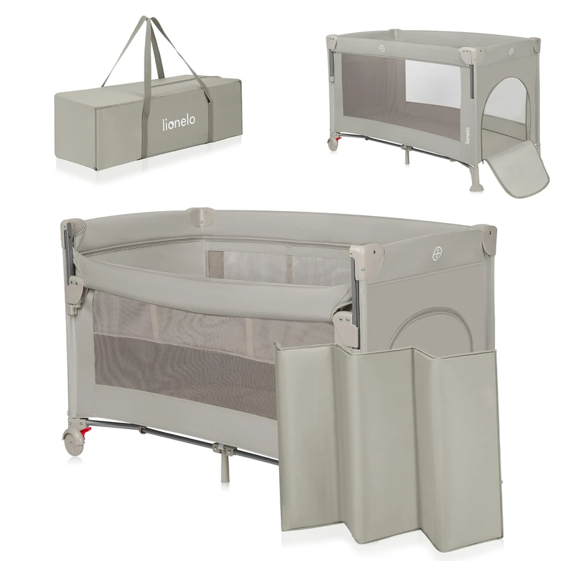 Lionelo Ellen 3-in-1 Travel Cot with 2 Height Levels | Co-Sleeper – Drop-Side Bedside Crib | Playpen - Zipped Side Entrance, Wheels with Brakes, Carry Bag & Mattress – from Birth to 36 Months