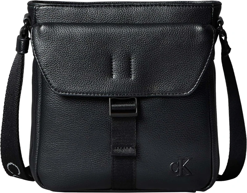 Calvin Klein Men’s Crossbody Bag Webbing Strap with Logo Print, Black (Black/White Webbing), One Size