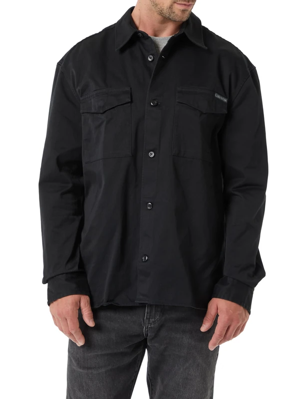 Calvin Klein Men’s Shirt Utility Chino Relaxed with Chest Pockets, Black (Black), L