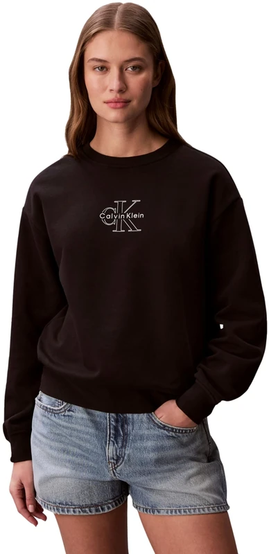 Calvin Klein Women's Ls Ck Foil Crew Sweatshirt LV047F838G Sweatshirts, BLACK, M