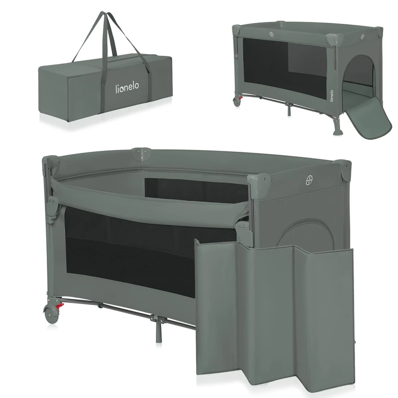 Lionelo Ellen 3-in-1 Travel Cot with 2 Height Levels | Co-Sleeper – Drop-Side Bedside Crib | Playpen - Zipped Side Entrance, Wheels with Brakes, Carry Bag & Mattress – from Birth to 36 Months