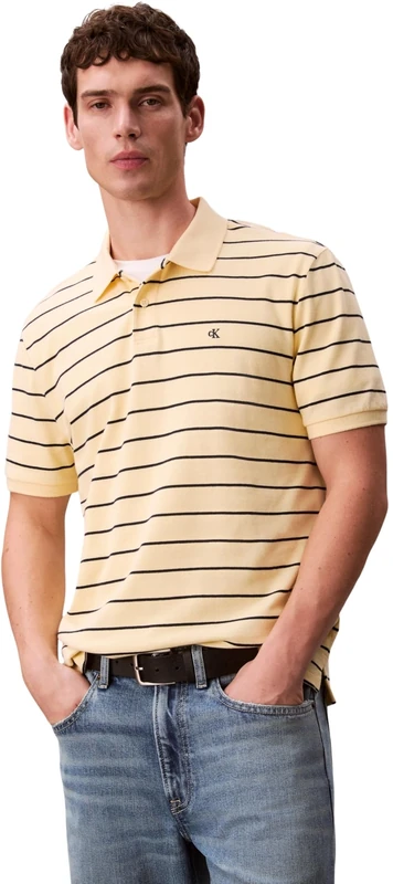 Calvin Klein Men’s Polo Shirt Short Sleeve Striped Pique with Button Placket, Yellow (Anise Flower), 2XL