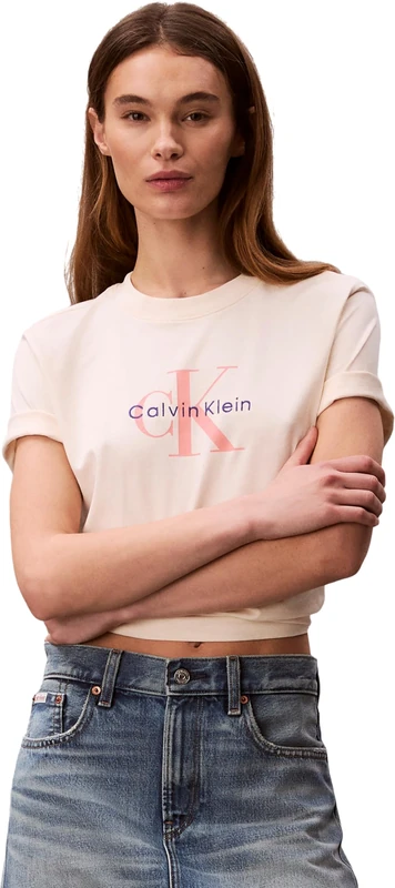Calvin Klein Women's Hr Ss Clssc Mnlg CNC Lv047B865G Tees, White, S