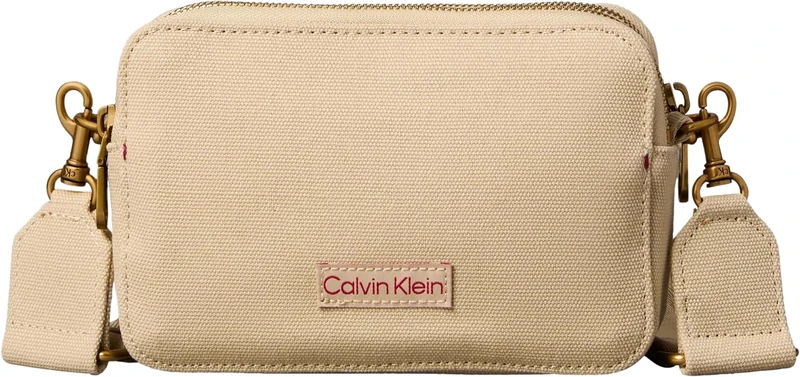Calvin Klein Women’s Crossbody Bag Webbing Strap Canvas Camera Bag Small, Beige (Khaki Canvas), One Size