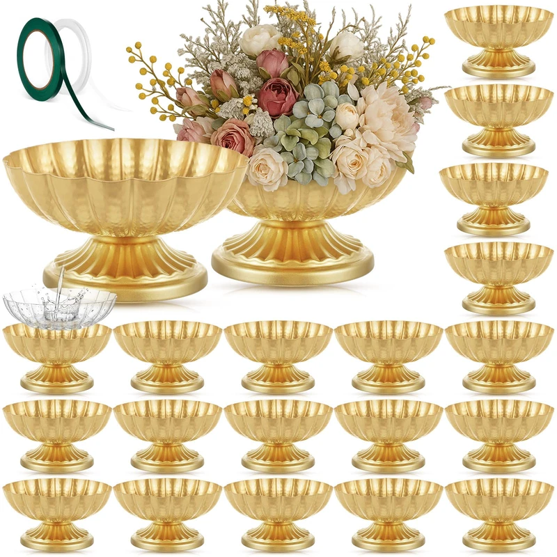 Ninehaoou 20 Pcs Metal Compote Bowl for Centerpiece Flower Holder Small Compote Vase Decorative Indoor Outdoor Flowers Fruits Plant for Valentine's Day Wedding Home Party Decoration (Bright Gold)