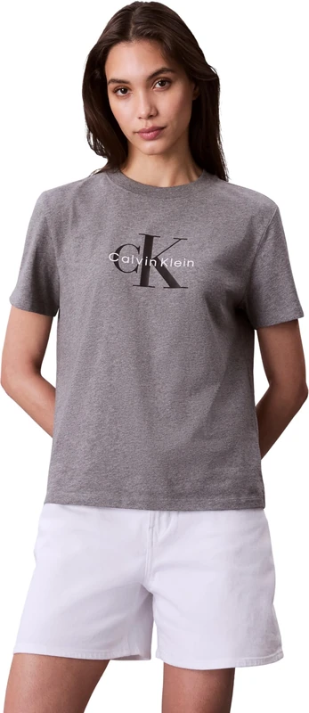 Calvin Klein Women’s Short Sleeve Round Neck Hero Classic Monologo T-Shirt, Grey (Med Grey Heather), XXS