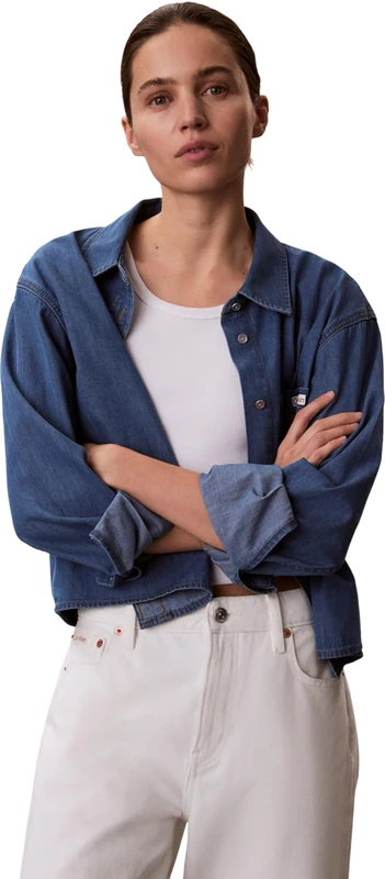 Calvin Klein Women's Denim Shirt New Dad Shirt Annapolis Sky Cropped Fit, Blue (Annapolis Sky), XL