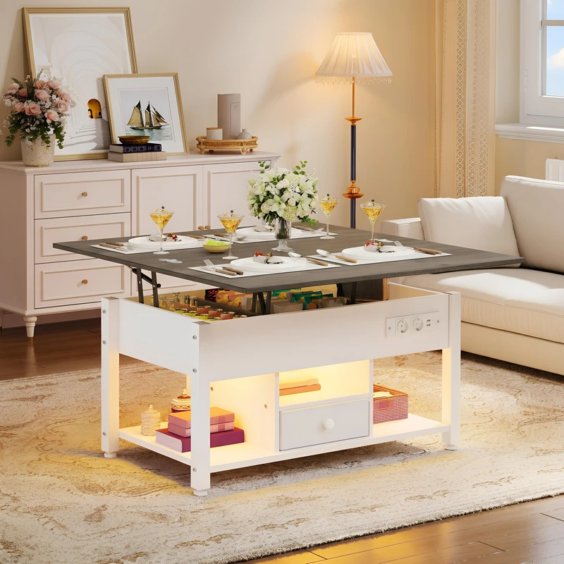 YITAHOME Coffee Table with Height-Adjustable 4-in-1 Multifunctional Coffee Table with Storage Space and LED Lighting Converts into a Dining Table for the Living Room White and Grey