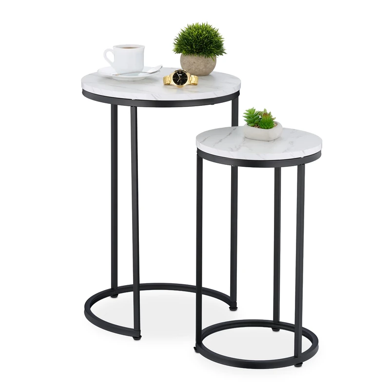Relaxdays Nesting Tables, 2-Piece Set, 2 Sizes, Marble Effect, Metal Legs, Round, Living Room, for Sofa, White/Black