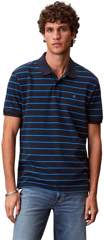 Calvin Klein Men's Ss Striped Pique Monogram Polo LV04RF216G Polos, Blue, XL