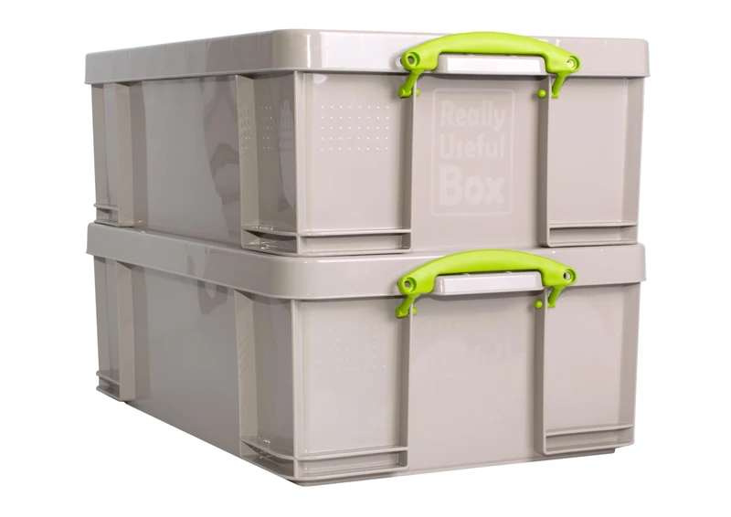 Really Useful Box Plastic Storage 50 Litre Recycled Dove Grey with Green Handles Pack of 2