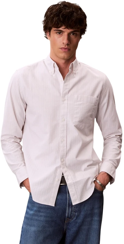 Calvin Klein Men’s Shirt Stripe Oxford Classic with Chest Pocket, White (Chalk), L