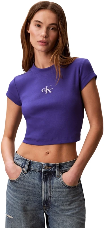 Calvin Klein Women’s T-Shirt Short Sleeve Monologo Baby Rib Slim Fit, Blue (Blue River Fog), S - Image 1