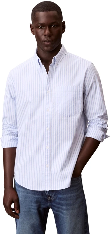 Calvin Klein Men’s Shirt Stripe Oxford Classic with Chest Pocket, Blue (Blue Descent), XS