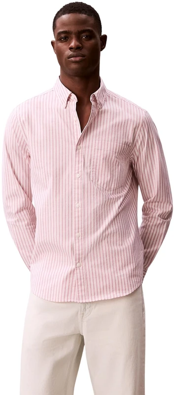 Calvin Klein Men’s Shirt Stripe Oxford Classic with Chest Pocket, Pink (Brilliant Pink), XXS