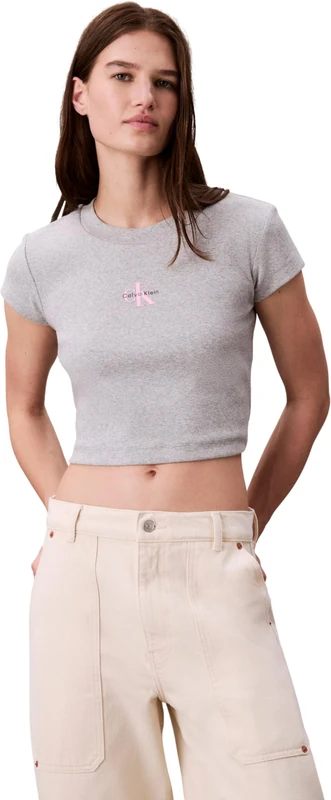 Calvin Klein Women’s T-Shirt Short Sleeve Monologo Baby Rib Slim Fit, Grey (BC06 Grey Heather), XXS