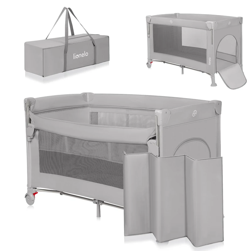 Lionelo Ellen 3-in-1 Travel Cot with 2 Height Levels | Co-Sleeper – Drop-Side Bedside Crib | Playpen - Zipped Side Entrance, Wheels with Brakes, Carry Bag & Mattress – from Birth to 36 Months