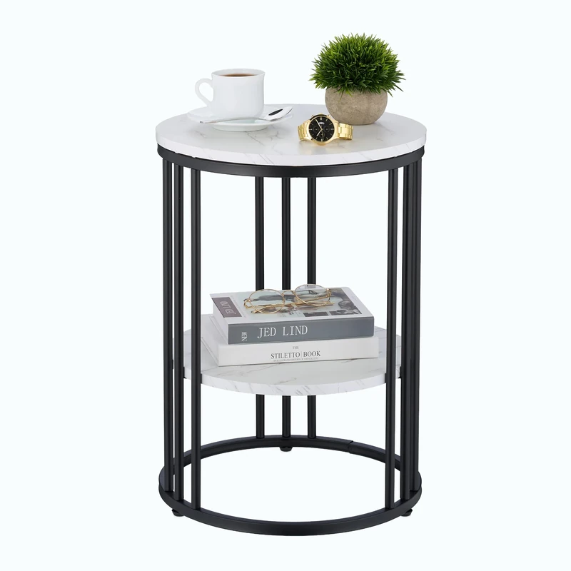 Relaxdays Side Table, Marble Effect, 2 Tiers, HxD: 56 x 40 cm, Living Room, Coffee Rest for Sofa, Decor, White/Black
