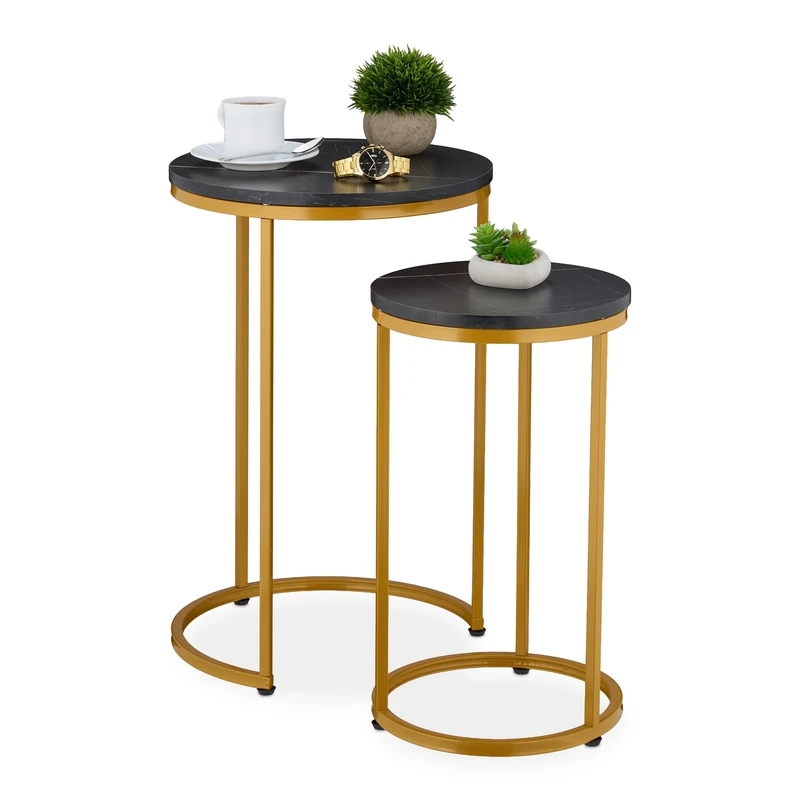 Relaxdays Nesting Tables, 2-Piece Set, 2 Sizes, Marble Effect, Metal Legs, Round, Living Room, for Sofa, Black/Gold
