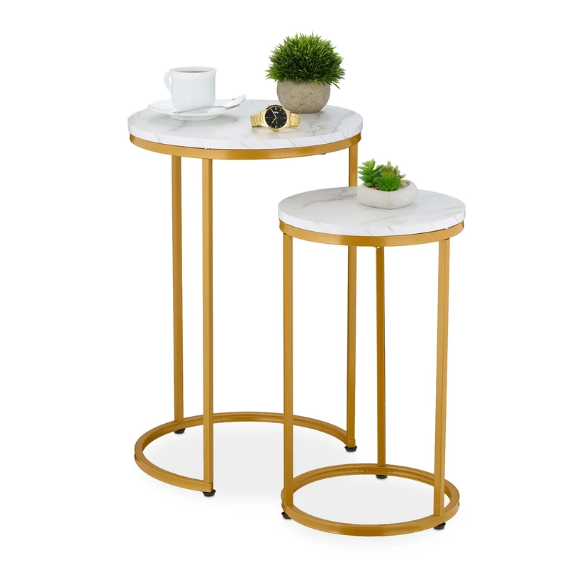 Relaxdays Nesting Tables, 2-Piece Set, 2 Sizes, Marble Effect, Metal Legs, Round, Living Room, for Sofa, White/Gold