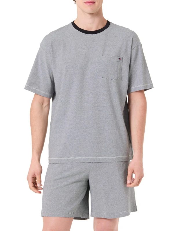Tommy Hilfiger Men's Ss Jersey Pj Set Mini Stripe UM0UM03846 Set, YELLOW (Black Mini Stripe), M