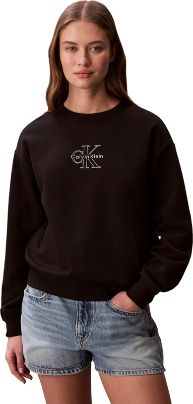 Calvin Klein Women's Ls Ck Foil Crew Sweatshirt LV047F838G Sweatshirts, BLACK, XS