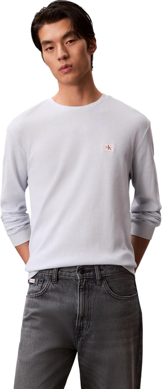Calvin Klein Men's Ls Waffle Badge Crewnk Tee Lv040Em217 Tees, Blue, M