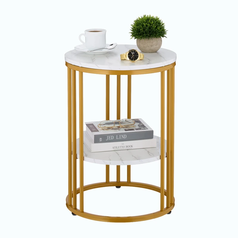 Relaxdays Side Table, Marble Effect, 2 Tiers, HxD: 56 x 40 cm, Living Room, Coffee Rest for Sofa, Decor, White/Gold