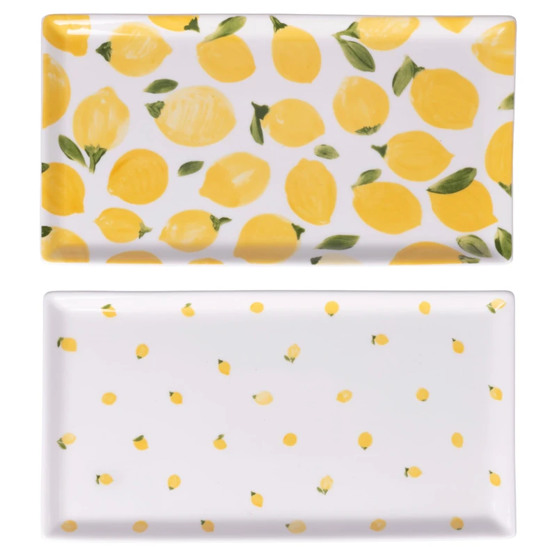 Set of 4 Rectangular Porcelain Plate 31.5 x 16.8 cm, Lemons, Fruit Life