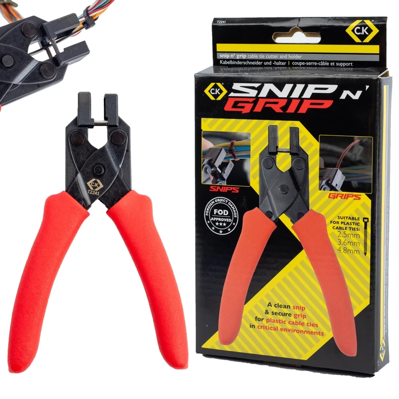 C.K Tools Snip n’ Grip Cable Tie Cutter & Holder – FOD Engineered Head - Retain Cut Ends - High-Carbon Steel - Flush Cut for 2.5/3.6/4.8mm Ties, Professional Drop Prevention Tool, CK T2241