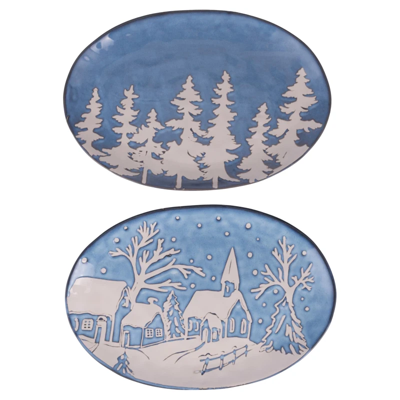 Set of 4 Oval Stoneware Dinner Plate 31.5 x 21 cm Christmas Decoration Winter Village