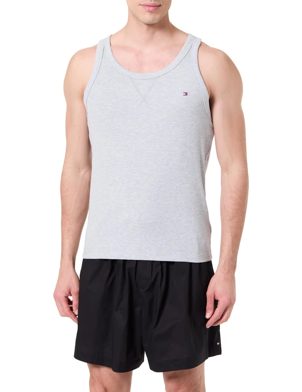 Tommy Hilfiger Men’s Pyjama Set Tank Top & Woven Shorts Short, Multicolor (Light Grey Heather/Black), S