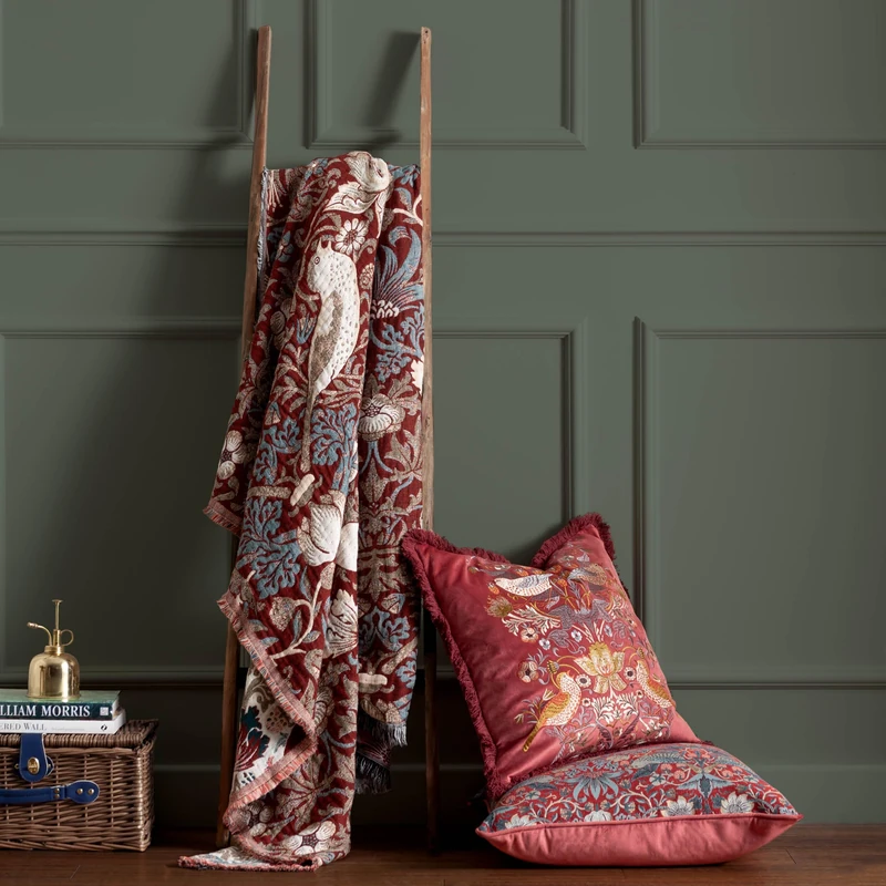 Morris & Co. Strawberry Thief Throw – Embroidered Bird & Floral Jacquard Blanket (Berry - 130x170cm) - Image 1