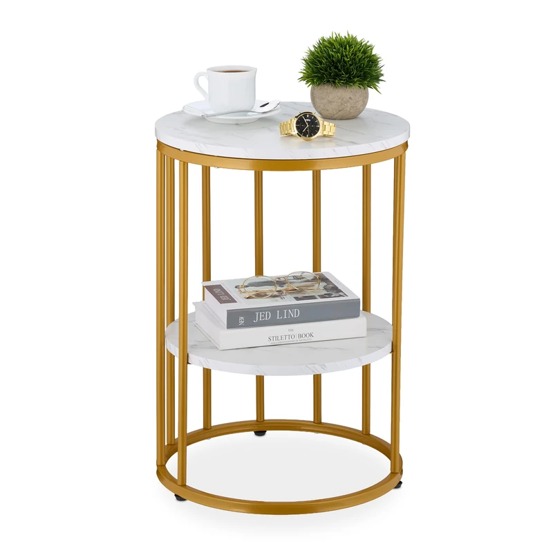 Relaxdays Side Table, Marble Effect, 2 Tiers, 57 x 40 cm, Living Room, Coffee Rest for Sofa, Metal & MDF, White/Gold
